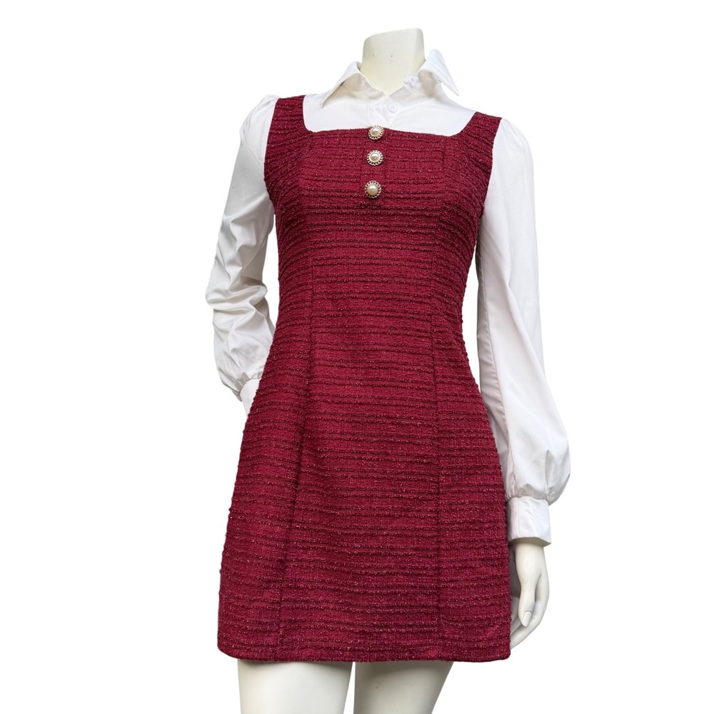 Vintage Tweed Pinafore Dress Pearl Button Dark Academia Preppy Red White XS/S